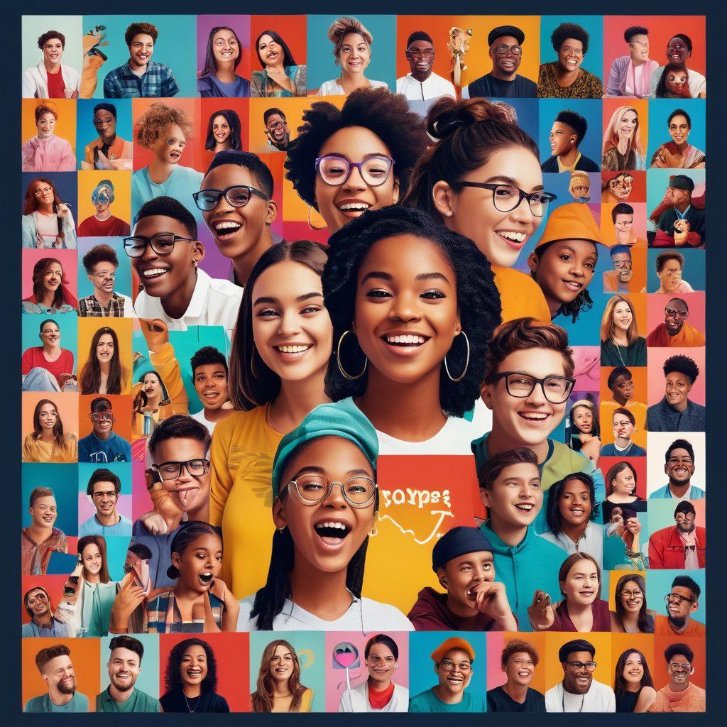 A dynamic collage of youth engaged in creating user-generated videos, showcasing a mix of humor and courage. Incorporate diverse young creators in vibrant settings, with cameras, smartphones, and video editing software, expressing laughter and determination. Include elements of social media icons and video frames to highlight the digital aspect. The background should suggest a lively environment, embodying the spirit of youth culture. bold colors. modern graphic style.