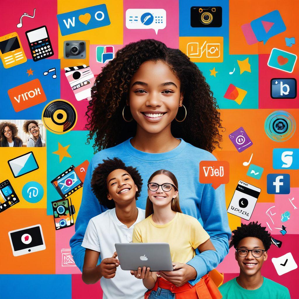 A dynamic collage of diverse teens eagerly creating and sharing short video clips on their devices, showcasing vibrant expressions of creativity. Include elements like colorful video icons, playful animations of film reels, and playful musical notes floating around. The background should be a lively social media interface to represent video sharing platforms, with a radiant and youthful color palette. super-realistic. vibrant colors. dynamic composition.